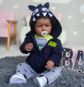 Lifelike Reborn Baby Doll with Soft Cloth Body - 20-Inch (50cm) Realistic Newborn Boy Doll with Implanted Black Curly Hair & Blue Eyes, Includes Outfit and Gift Box for Kids
