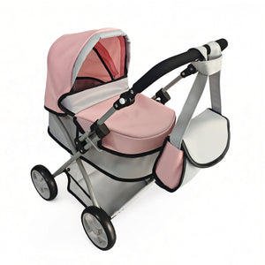 Baby Doll Stroller Pram Adjustable Hood Pushchair Lightweight Foldable Buggy Style for Dolls Up to 55cm (22") Includes Storage Basket Shoulder Bag Gift for Girls Ages 3+