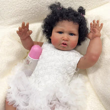 画像をギャラリービューアに読み込む, 24 Inch Fabric Body Reborn Baby Doll - Dark Brown Skin, Implanted Black Curly Hair, White Lace Dress (Handmade Collectible)
