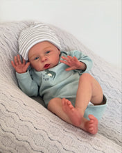 Load image into Gallery viewer, 20 Inch Open Eyes Reborn Baby Doll Hand-Painted Vinyl Head &amp; Limbs Soft Cloth Body with Dinosaur Outfit Hat Magnetic Pacifier Realistic Newborn Doll
