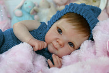 Cargar imagen en el visor de la galería, Bettie 18&quot;  Cloth Body Doll in Sleeveless Blue Knit Sweater &amp; Matching Hat  Rooted Chestnut Brown Hair Glass-Look Blue Eyes Collector Art Doll
