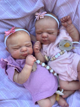 画像をギャラリービューアに読み込む, 19&quot; Hand-Painted Twin Baby Dolls Pascale Set - Pink &amp; Purple Lace Outfits + Bears (48cm Fabric Body)
