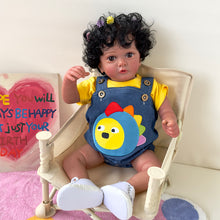 Load image into Gallery viewer, 23&quot; 58cm Cloth Body Doll with Full Arms &amp; Legs - Ayana Africa-American Reborn Black Planted Hair Black Curly Hair with Red Bowknot Dinosaur Suspender Pants
