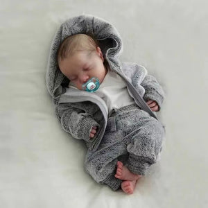 19" Reborn Baby Doll in Grey Plush Set - Hand-Painted Sleeping Face | White Onesie | Full Vinyl Limbs | PP Cotton Body | Collectible Gift