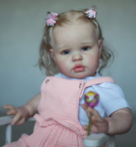 24inch Reborn Baby Girl Ellie - Blonde Rooted Hair in Pigtails & Blue Eyes, Pink Sheer Overalls with White Onesie, Plush Body & Butterfly Pacifier