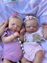 画像をギャラリービューアに読み込む, 19&quot; Hand-Painted Twin Baby Dolls Pascale Set - Pink &amp; Purple Lace Outfits + Bears (48cm Fabric Body)
