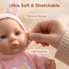 Laden Sie das Bild in den Galerie-Viewer, 6" Realistic Platinum Silicone Reborn Baby Doll | Ultra Soft &amp; Stretchable | Pink Bunny Outfit | Lifelike Toddler Toy Gift
