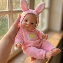 Laden Sie das Bild in den Galerie-Viewer, 6" Realistic Platinum Silicone Reborn Baby Doll | Ultra Soft &amp; Stretchable | Pink Bunny Outfit | Lifelike Toddler Toy Gift
