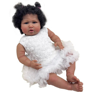 24 Inch Fabric Body Reborn Baby Doll - Dark Brown Skin, Implanted Black Curly Hair, White Lace Dress (Handmade Collectible)