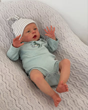 Load image into Gallery viewer, 20 Inch Open Eyes Reborn Baby Doll Hand-Painted Vinyl Head &amp; Limbs Soft Cloth Body with Dinosaur Outfit Hat Magnetic Pacifier Realistic Newborn Doll
