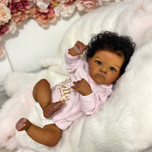Carica l&#39;immagine nel visualizzatore di Gallery, Bettie 18&quot; African American Cloth Body Doll - Hand-Rooted Jet-Black Curls + Blush Pink Floral Print Footed Set &amp; Bonnet | Deep Skin Tone
