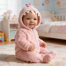 Laden Sie das Bild in den Galerie-Viewer, 17" Hand-Painted Cloth Body Baby Doll with Teeth in Pink Plush Dinosaur Footie - Realistic Customizable Newborn Doll (Bag Packaging)

