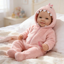Laden Sie das Bild in den Galerie-Viewer, 17" Hand-Painted Cloth Body Baby Doll with Teeth in Pink Plush Dinosaur Footie - Realistic Customizable Newborn Doll (Bag Packaging)
