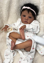 Load image into Gallery viewer, 19 Inch Lifelike Reborn Baby Doll Primrose Awake | 48cm Realistic Black Baby Doll with Curly Hair Soft Body Wearable White Print Zip Suit Christmas Gift for Kids Collectors

