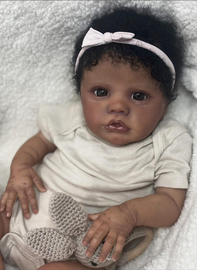 19 Inch Lifelike Reborn Baby Doll Primrose Awake | 48cm Realistic Black Baby Doll with Curly Hair Soft Body Wearable White Print Zip Suit Christmas Gift for Kids Collectors