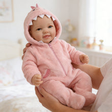Laden Sie das Bild in den Galerie-Viewer, 17" Hand-Painted Cloth Body Baby Doll with Teeth in Pink Plush Dinosaur Footie - Realistic Customizable Newborn Doll (Bag Packaging)
