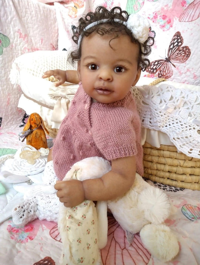 23 Inch Adorable Reborn Baby Girl Doll Soft Cloth Body Silicone Vinyl Dark Brown Skin African American Realistic Baby Doll Girl Gift for Kids