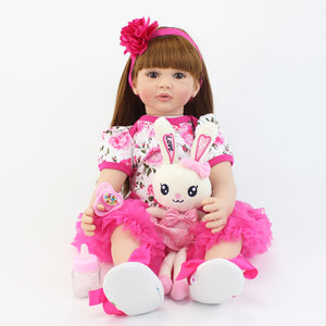 Pinky Reborn 24 Inch Adorable Lifelike Reborn Baby Dolls Cloth Body Vinyl Toys For Kids 3+ With A Plush Bunny Role-playing Game Doll