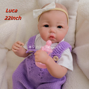 20" Luca - Full Vinyl Fashion Doll with HD 3D Skin & Hand-Painted Hair - Wearing Chic Lavender Overalls Set