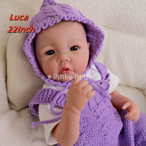 20" Luca - Full Vinyl Fashion Doll with HD 3D Skin & Hand-Painted Hair - Wearing Chic Lavender Overalls Set