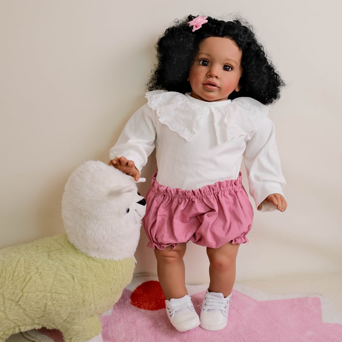 26-inch Reborn Baby Cloth Doll Pippa  Africa-American Dark Skin Rooted Black Afro 3D Brown Eyes  White Top & Light Pink Shorts