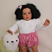 Carica l&#39;immagine nel visualizzatore di Gallery, 26-inch Reborn Baby Cloth Doll Pippa  Africa-American Dark Skin Rooted Black Afro 3D Brown Eyes  White Top &amp; Light Pink Shorts
