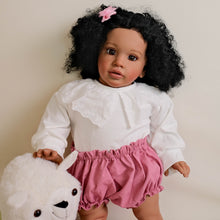 Carica l&#39;immagine nel visualizzatore di Gallery, 26-inch Reborn Baby Cloth Doll Pippa  Africa-American Dark Skin Rooted Black Afro 3D Brown Eyes  White Top &amp; Light Pink Shorts
