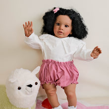 Carica l&#39;immagine nel visualizzatore di Gallery, 26-inch Reborn Baby Cloth Doll Pippa  Africa-American Dark Skin Rooted Black Afro 3D Brown Eyes  White Top &amp; Light Pink Shorts
