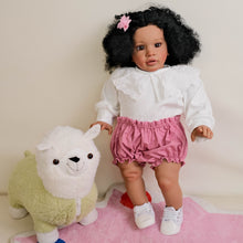 Carica l&#39;immagine nel visualizzatore di Gallery, 26-inch Reborn Baby Cloth Doll Pippa  Africa-American Dark Skin Rooted Black Afro 3D Brown Eyes  White Top &amp; Light Pink Shorts
