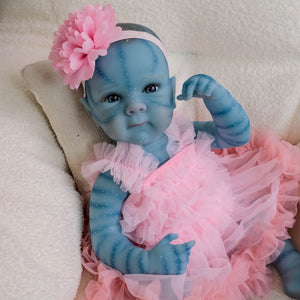 Bettie Avatar 18" Fantasy Vinyl Doll - Hand-Painted Blue Skin & Icy Blue Eyes | Pink Lace Bow-Dress + Floral Headband | Collector's Edition