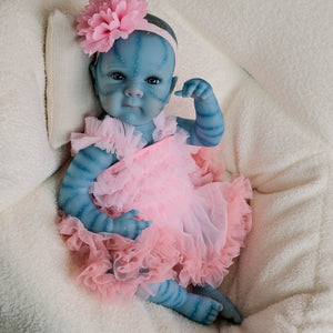 Bettie Avatar 18" Fantasy Vinyl Doll - Hand-Painted Blue Skin & Icy Blue Eyes | Pink Lace Bow-Dress + Floral Headband | Collector's Edition