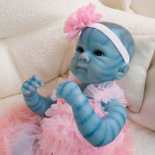 Carica l&#39;immagine nel visualizzatore di Gallery, Bettie Avatar 18&quot; Fantasy Vinyl Doll - Hand-Painted Blue Skin &amp; Icy Blue Eyes | Pink Lace Bow-Dress + Floral Headband | Collector&#39;s Edition
