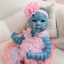 Carica l&#39;immagine nel visualizzatore di Gallery, Bettie Avatar 18&quot; Fantasy Vinyl Doll - Hand-Painted Blue Skin &amp; Icy Blue Eyes | Pink Lace Bow-Dress + Floral Headband | Collector&#39;s Edition
