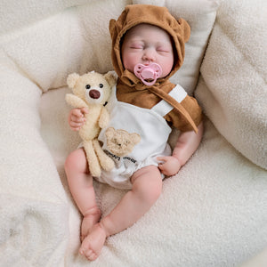 Adorable 19-Inch Reborn Baby Doll in White Overalls & Brown Hoodie - Full Vinyl, Premium Paint, Hand-Painted Hair