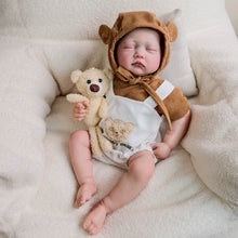 Load image into Gallery viewer, Adorable 19-Inch Reborn Baby Doll in White Overalls &amp; Brown Hoodie - Full Vinyl, Premium Paint, Hand-Painted Hair
