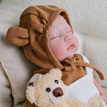 Load image into Gallery viewer, Adorable 19-Inch Reborn Baby Doll in White Overalls &amp; Brown Hoodie - Full Vinyl, Premium Paint, Hand-Painted Hair
