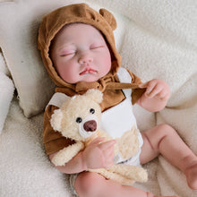 Load image into Gallery viewer, Adorable 19-Inch Reborn Baby Doll in White Overalls &amp; Brown Hoodie - Full Vinyl, Premium Paint, Hand-Painted Hair
