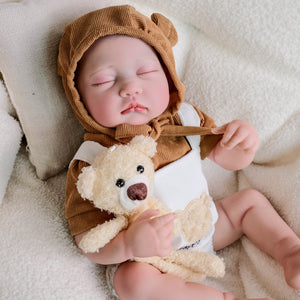 Adorable 19-Inch Reborn Baby Doll in White Overalls & Brown Hoodie - Full Vinyl, Premium Paint, Hand-Painted Hair