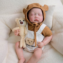 Load image into Gallery viewer, Adorable 19-Inch Reborn Baby Doll in White Overalls &amp; Brown Hoodie - Full Vinyl, Premium Paint, Hand-Painted Hair
