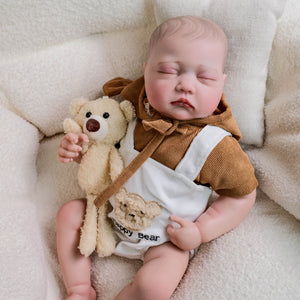 Adorable 19-Inch Reborn Baby Doll in White Overalls & Brown Hoodie - Full Vinyl, Premium Paint, Hand-Painted Hair