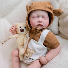 Load image into Gallery viewer, Adorable 19-Inch Reborn Baby Doll in White Overalls &amp; Brown Hoodie - Full Vinyl, Premium Paint, Hand-Painted Hair
