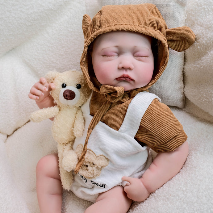 Adorable 19-Inch Reborn Baby Doll in White Overalls & Brown Hoodie - Full Vinyl, Premium Paint, Hand-Painted Hair