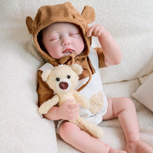 Load image into Gallery viewer, Adorable 19-Inch Reborn Baby Doll in White Overalls &amp; Brown Hoodie - Full Vinyl, Premium Paint, Hand-Painted Hair
