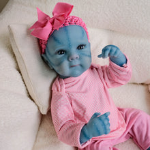 Carica l&#39;immagine nel visualizzatore di Gallery, Bettie Avatar 18&quot; Fantasy Vinyl Doll - Hand-Painted Blue Skin &amp; Icy Blue Eyes | Pink Lace Bow-Dress + Floral Headband | Collector&#39;s Edition
