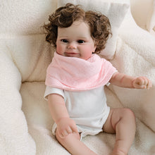 Cargar imagen en el visor de la galería, 20 Inch Realistic Newborn Baby Doll Xmas Gift Toy Rooted Brown Curls, Brown Eyes &amp; Blush-Pink Bib Setfor Kids Age 3+
