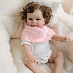 20 Inch Realistic Newborn Baby Doll Xmas Gift Toy Rooted Brown Curls, Brown Eyes & Blush-Pink Bib Setfor Kids Age 3+