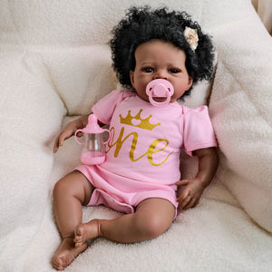 20 inch reborn baby Lanny Brown eyes implanted black curly hair pink skirts dolls gifts for birthday holiday