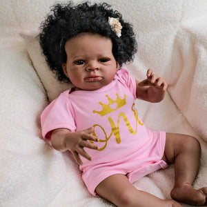 20 inch reborn baby Lanny Brown eyes implanted black curly hair pink skirts dolls gifts for birthday holiday