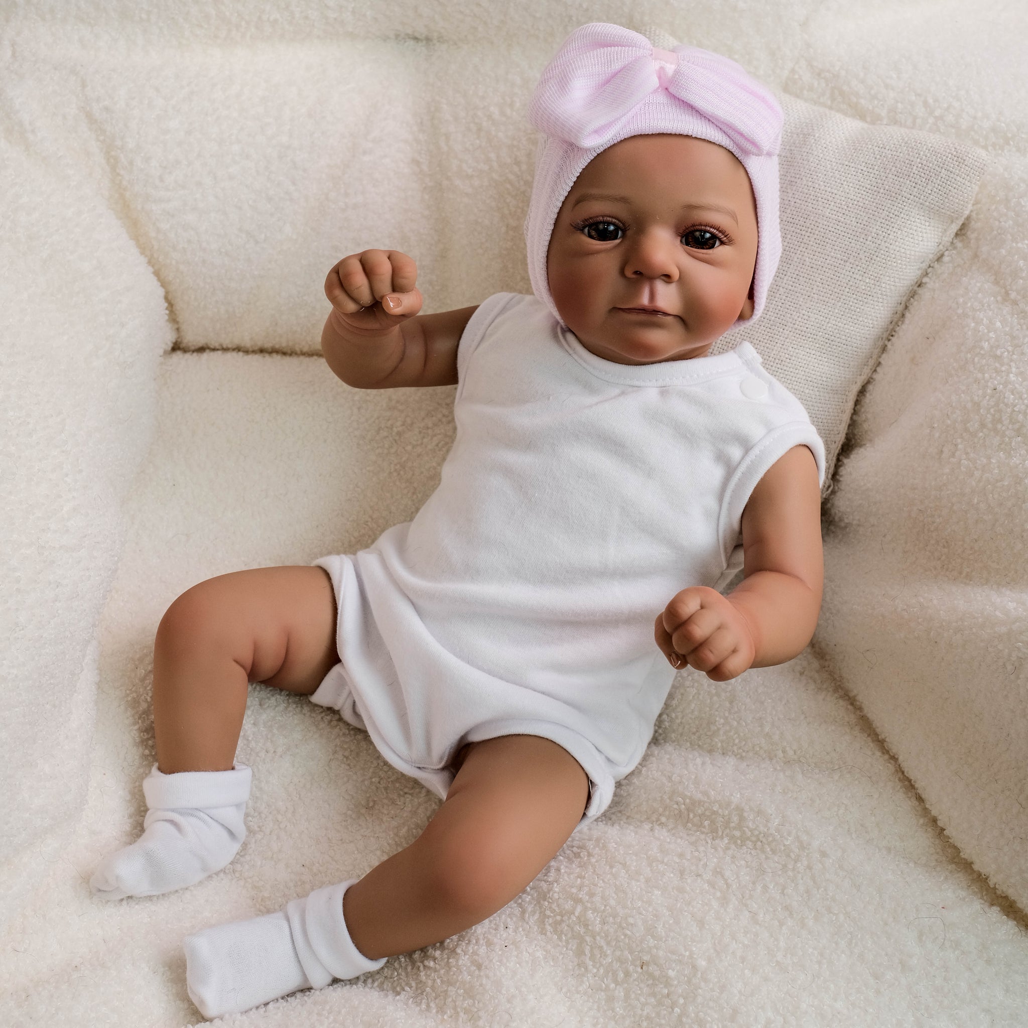 Rebern Bow White Halter Romper & Pink Bow Hat Reborn Doll - 19 Inch Dark Skin Clo ...