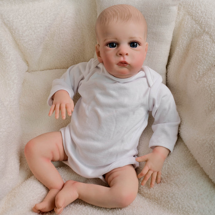 20-Inch Realistic Baby Boy Doll with Cloth Body - 50cm Lifelike Reborn Doll Implanted Black Curly Hair, Crystal Blue Eyes, Full Outfit & Gift Set for Children